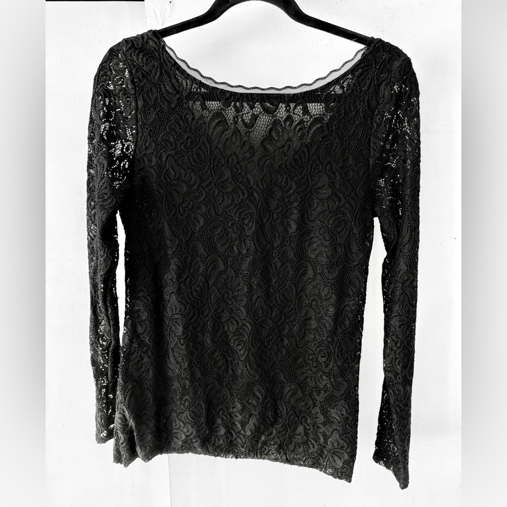 White House Black Market Medium  Chic Black sexy long sleeve Lace Blouse